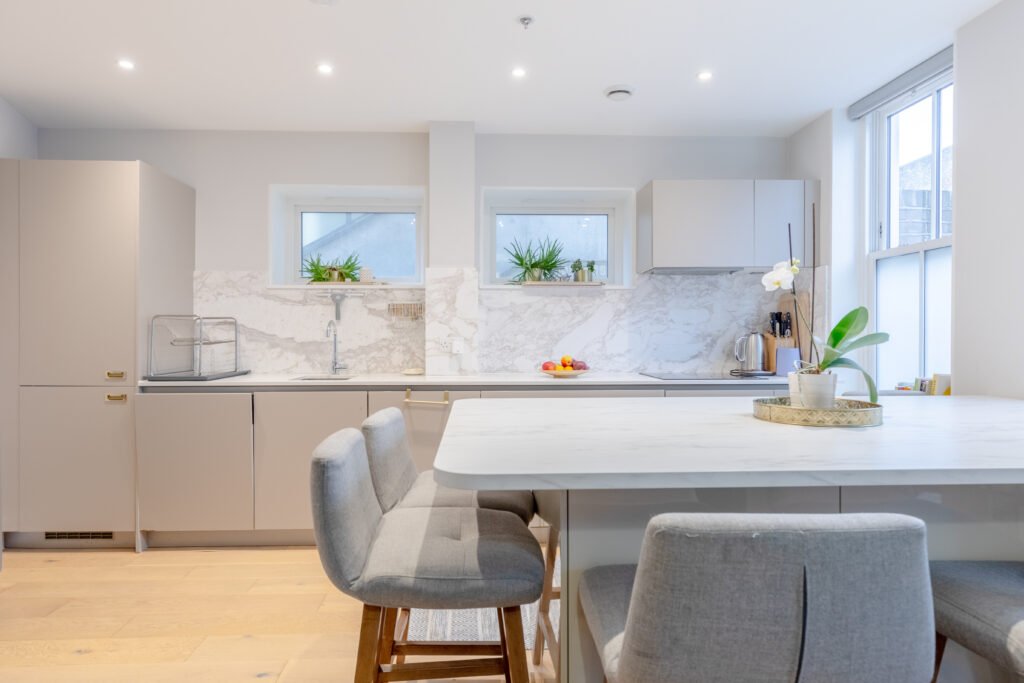 A modern designed kitchen, very neat and tidy, from an Airbnb property.